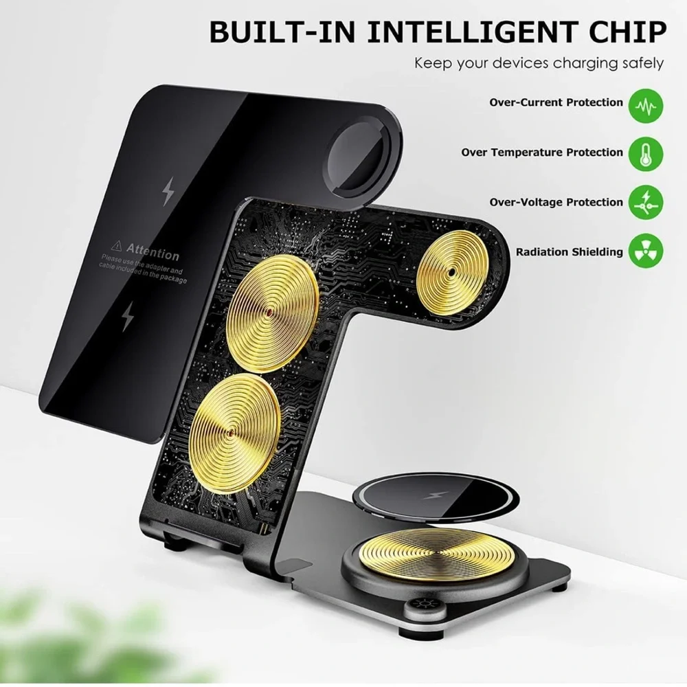 3 in 1 Wireless Charging Station for Multiple Devices, Aluminum Alloy -Black